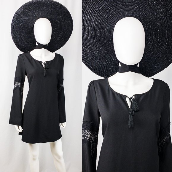 Summertime gothic! Garage dark bohemian 60s style mini dress bell sleeves - Picture 1 of 3
